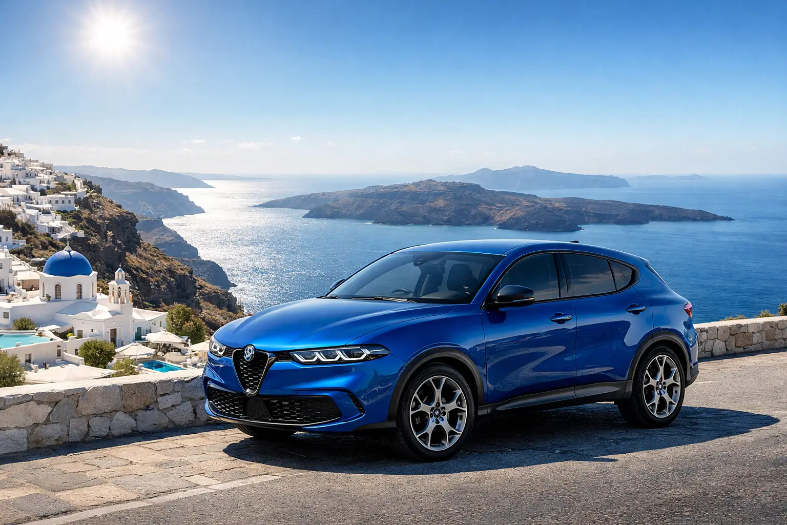 Auto a noleggio con panorama di Santorini